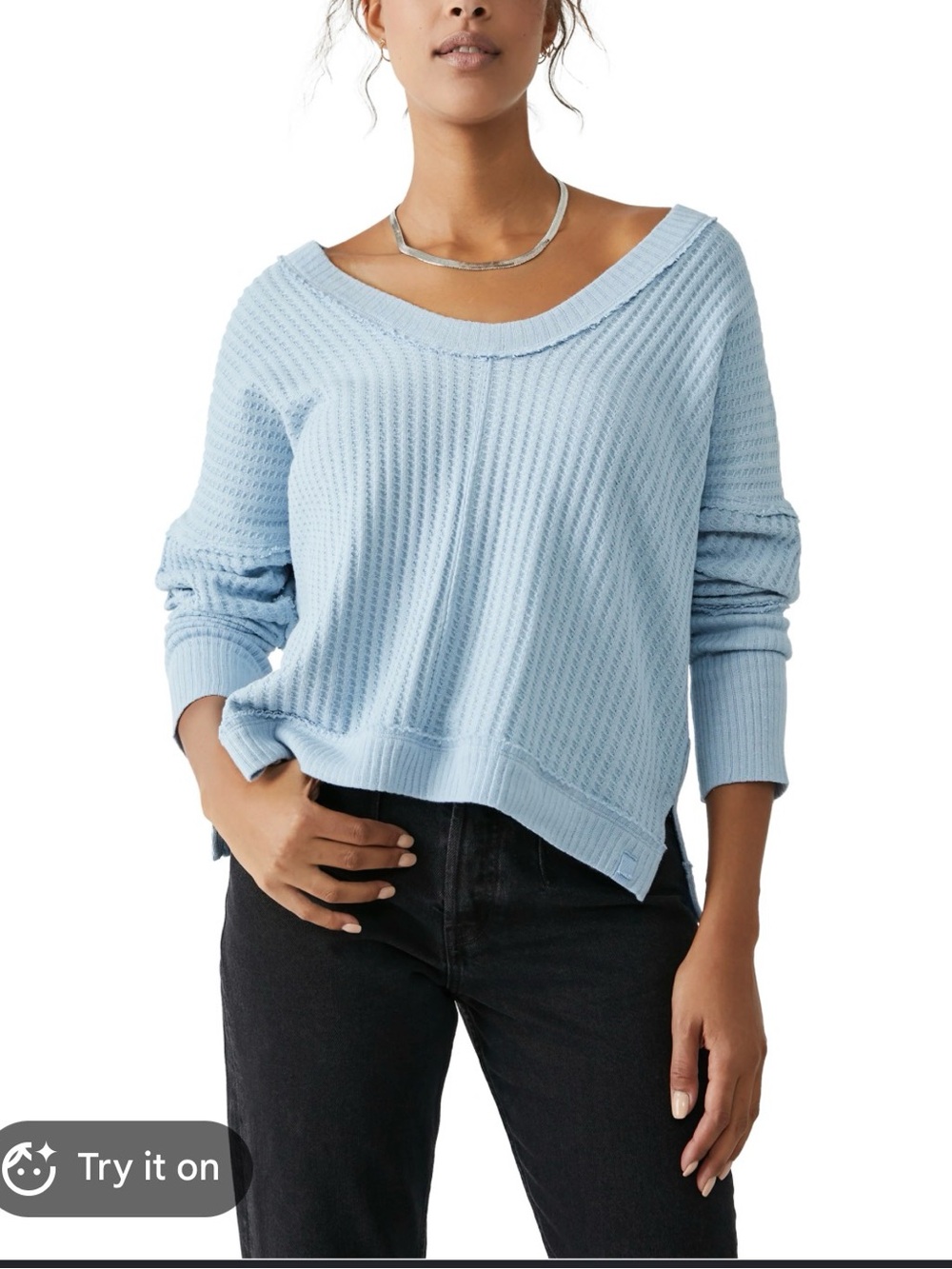 We The Free Light Blue Off-the-Shoulder Waffle Knit Sweater